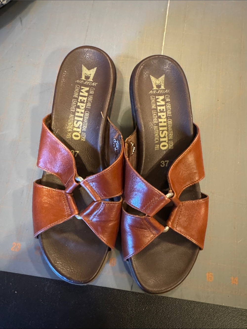 Mephisto Cognac Brown Leather Cross-Strap Slide Sandals